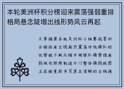 本轮美洲杯积分榜迎来震荡强弱重排格局悬念陡增出线形势风云再起